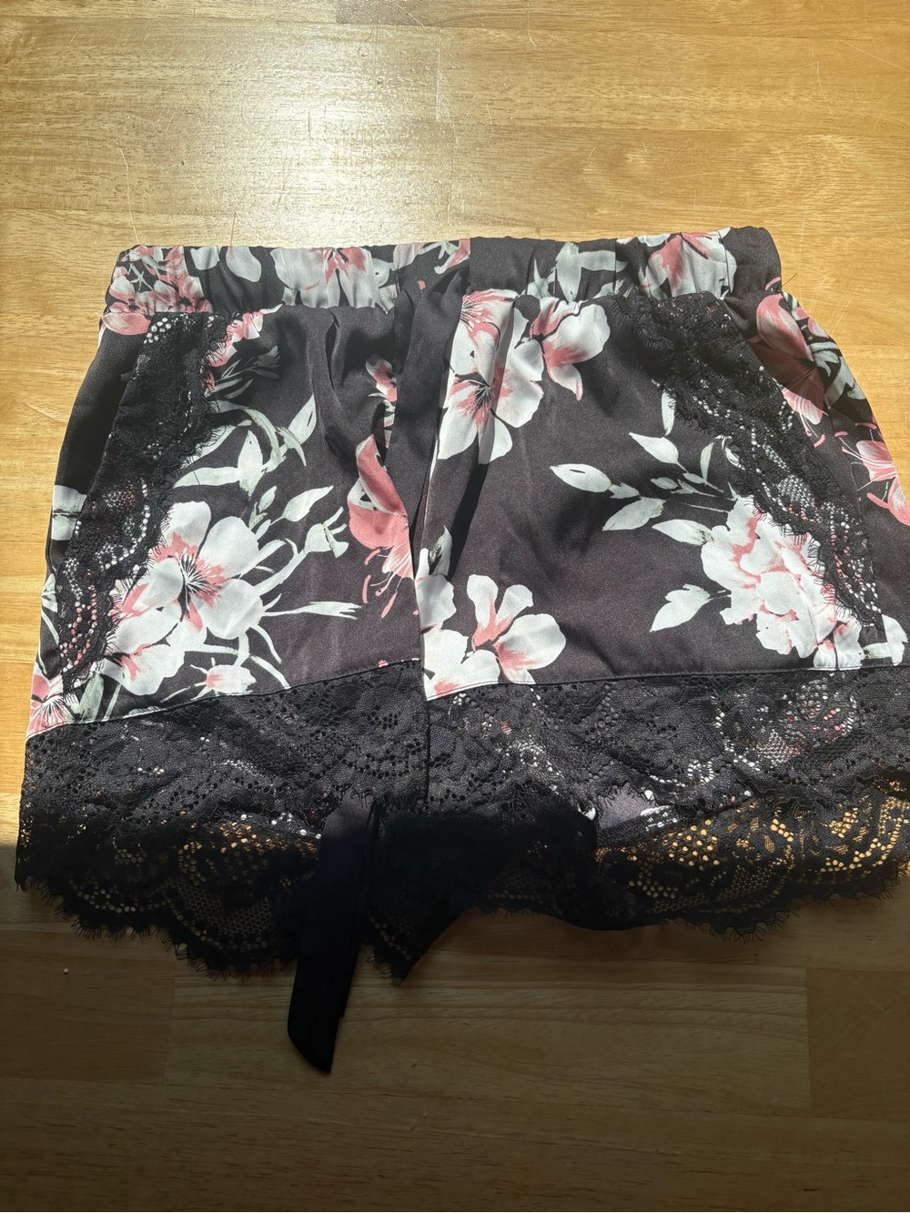 Floral Lace Trim Satin Sleep Shorts - Black with Pink & Cream Flowers